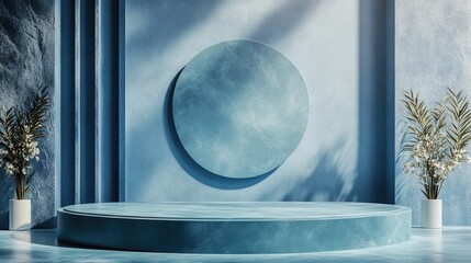 Fototapete - Minimalist Blue Podium for product display against a backdrop featuring 3D rendering of geometric shapes ideal for showcasing awards in a contemporary setting