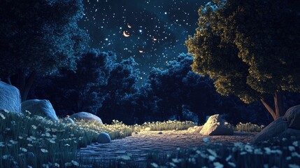 Wall Mural - Night sky captured with long exposure in 3D cartoon rendering