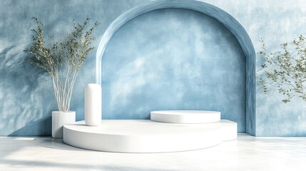 Aufkleber - Abstract geometric blue and white pastel color shapes in a minimal modern style featuring a wall background and a mock up composition for a booth podium stage display table in 3D rendering