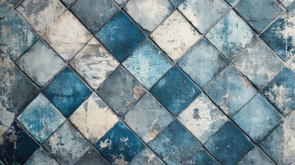 Aufkleber - Worn vintage patchwork mosaic tiles wallpaper featuring a textured background of stone and concrete with diamond shaped designs in shades of blue