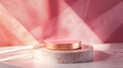 Poster - Rose gold and pink cylindrical pedestal 3D rendering of a platform with a minimalistic stage and abstract geometric background