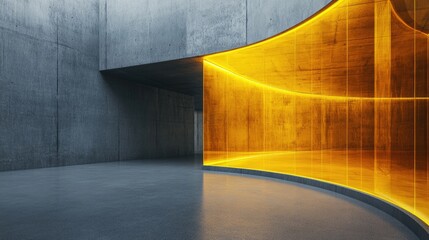 Poster - Dark abstract concrete room with a smooth interior featuring yellow glass Architectural backdrop with an illuminated night scene 3D rendering and illustration