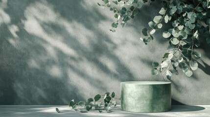 Poster - Portrait syngonium and eucalyptus leaf with a 3D rendered blank mockup of a green ceramic cylinder podium