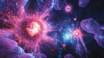 Fototapete - Cartoon rendering in 3D of an explosion supernova a bright star nebula a distant galaxy and abstract New Year fireworks