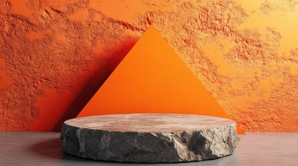 Aufkleber - Rough stone pedestal against an abstract orange triangular backdrop Blank showcase mockup featuring an empty circular platform Geometric background for product advertising display with ample copy
