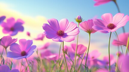 Poster - Blooming cosmos flowers in motion blur with gradient filter effect depicted in 3D cartoon rendering