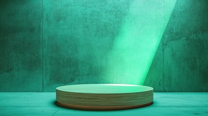 Poster - Neon green 3D rendering of a minimalistic wooden display podium on a textured concrete geometric backdrop