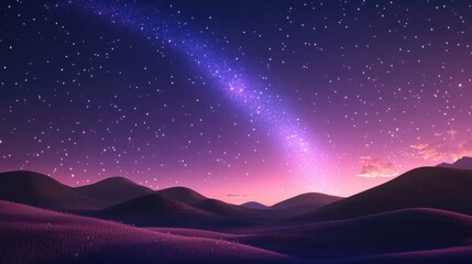 Wall Mural - 3D cartoon depiction of a stunning night landscape featuring a vibrant Milky Way arch illuminated by stars a purple sky pink lighting and rolling hills A beautiful scene showcasing the universe an