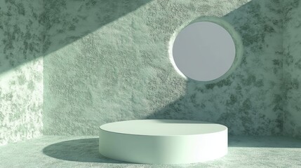 Leinwandbilder - White round cylinder podium against a square green textured wall with a white ring 3D render of an empty space