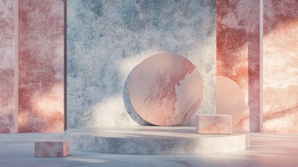 Poster - Minimalistic setup featuring a podium and an abstract backdrop Geometric shapes in pastel hues 3D representation of a box Composition showcasing geometric forms with a textured background ideal fo
