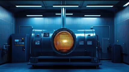 Poster - Futuristic Industrial Machine with Bright Orange Display in a High-Tech Laboratory, Emitting a Soft Glowing Light in a Dimly Lit Environment