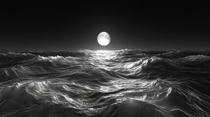 Poster - Moonlight reflecting on waves at night with a beautiful landscape captured in a long exposure black and white image featuring a 3D cartoon rendering of the sea horizon