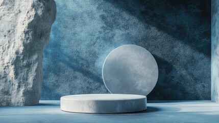 Aufkleber - Minimalist composition featuring a podium against an abstract backdrop Geometric shapes in classic blue hues 3D rendering of the scene with geometric forms and a blue background