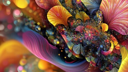 Poster - Vibrant and chaotic abstract fractal pattern Colorful 3D rendered shapes creating a dynamic illustration for background or wallpaper use