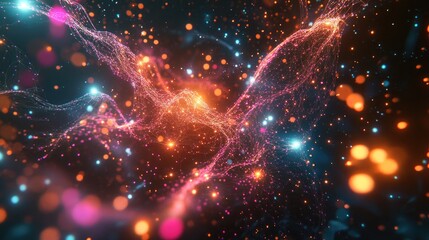 Poster - 3D rendering of an abstract structure featuring interconnected dots A vibrant technological backdrop composed of glowing threads and surfaces against a dark setting