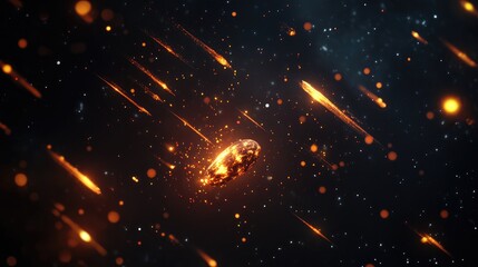 Aufkleber - Falling meteorites in a 3D cartoon rendering against a dark background featuring glowing meteors and beautiful meteoroids along with shooting stars in the night sky