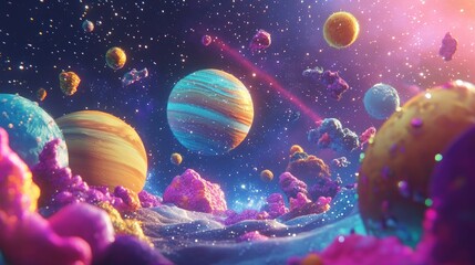 Poster - Cartoon rendering in 3D of galaxies stars and planets in outer space displaying the wonders of space exploration