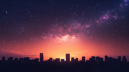 Poster - Nightscape landscape featuring a 3D cartoon rendering of a silhouetted urban cityscape with stars and the Milky Way galaxy against a sunset and sunrise backdrop