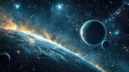 Aufkleber - 2D illustration with a 3D cartoon rendering style A realistic background featuring a star pattern in deep interstellar space Brightly flashing stars planets and moons create various imaginative sc
