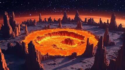 Aufkleber - Cartoon rendering in 3D of a cut out planet composed of lava featuring orange rock formations suitable for science fiction or fantasy themes 3D Illustration
