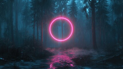 Poster - Neon Pink Circle Illuminating a Rainy Forest Scene