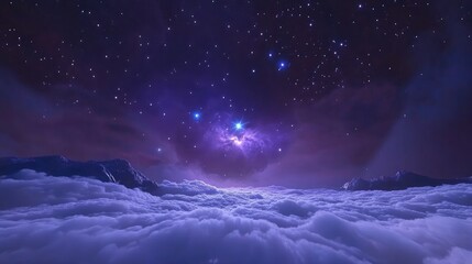 Poster - Winter night sky featuring a 3D cartoon rendering of the purple Orion nebula and the bright blue Rigel star diffused through clouds captured in a long exposure photo