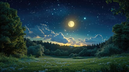 Aufkleber - Moonrise Above Summer Forest Park depicted in a 3D cartoon rendering showcasing a starry night sky in a tranquil countryside landscape