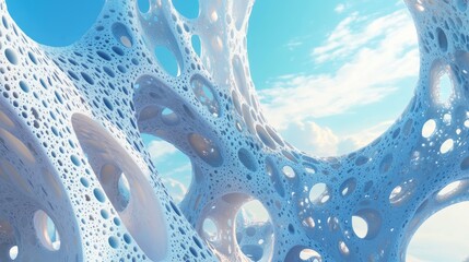 Poster - Abstract three dimensional fractal resembling an unusual alien structure set against a backdrop of a serene blue sky