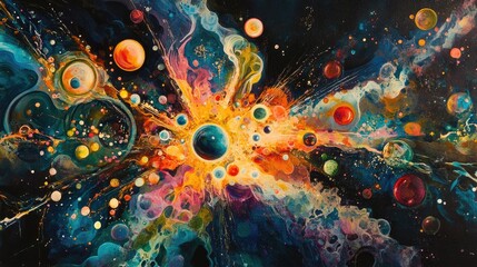 Poster - Vibrant multi colored artwork depicting movement against a dark backdrop showcasing an explosion of rays and spheres