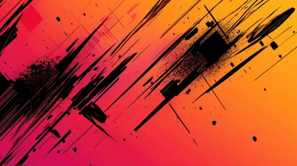 Poster - Abstract design featuring chaotic black lines and sharp multicolored patterns set against a gradient red orange backdrop