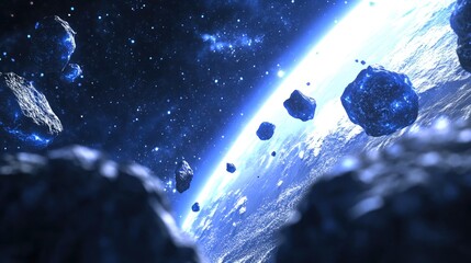 Aufkleber - 3D depiction of blue asteroids in space with Earth in the background