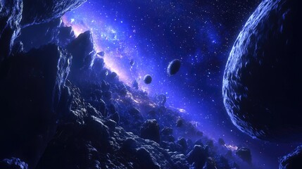 Leinwandbilder - 2D illustration featuring a 3D cartoon rendering of a vibrant space background It includes a deep expansive cosmos with stars planets and moons showcasing various creative science fiction settings