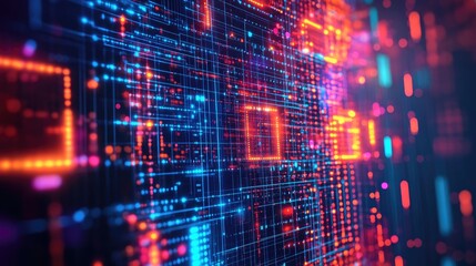 Poster - Illuminated LED technology with luma effects featuring glare cubes digital signals radiant grids and modern data visualization elements like neon flares and quantum computing networks