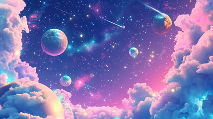 Aufkleber - 2D illustration in a 3D cartoon rendering style Bright stars flash against a realistic star pattern background in deep interstellar space Planets and moons create various science fiction inspired