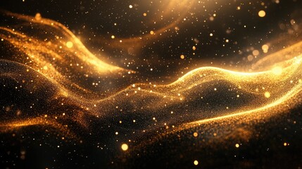 Poster - Abstract golden waves illuminated by light effects and stars on a black background
