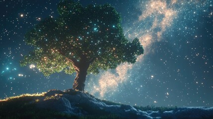 Poster - 3D cartoon depiction of the Milky Way rising above a tree with long exposure noise often appearing as bright spots
