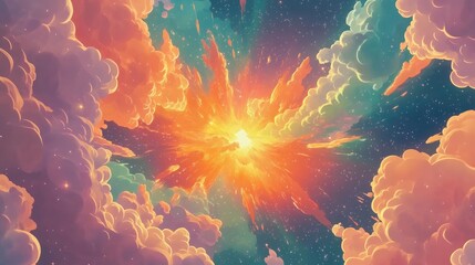 Poster - Background of a 3D cartoon rendering featuring a nebula space and a starry sky with vibrant hues of orange pink blue purple and green displaying clouds swirls and a cosmic explosion