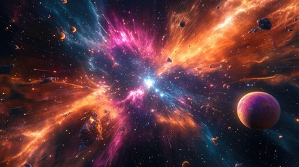 Poster - Spectacular multicolored illustration featuring particles and rays accompanied by abstract forms and planets depicting a science theme with an explosion of stars in space created through 3D cartoo