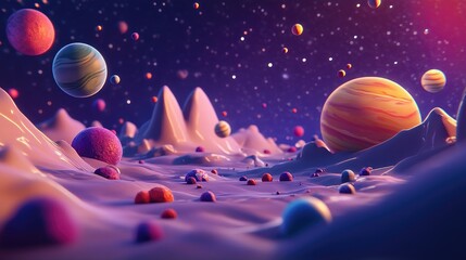 Aufkleber - Science fiction wallpaper featuring 3D cartoon rendered planets and galaxies in an illustrative style