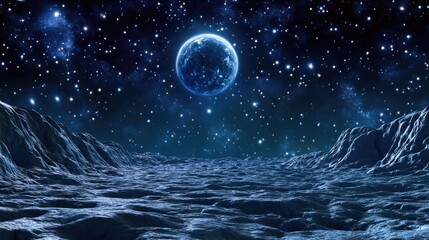 Poster - 3D cartoon depiction of a dark interstellar space featuring a deep night sky cold blue nebula and distant stars