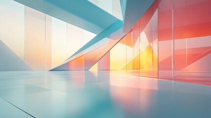 Poster - Abstract architectural interior featuring a gradient geometric glass sculpture created as a 3D illustration and rendering