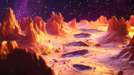 Poster - 3D cartoon representation showcasing the surface of a red planet featuring faults and craters in the topography along with a desert viewed in infrared light and a space themed textured backdrop