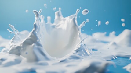 Poster - A splash of milk against a blue backdrop in a 3D illustration