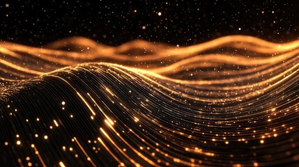 Poster - Abstract golden waves illuminated by light effects and stars on a black background