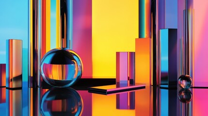 Poster - Dynamic interior featuring smooth black and colored gradient objects 3D illustration and rendering