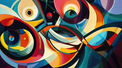 Poster - Colorful abstract composition featuring dynamic lines and circles in various hues and movements