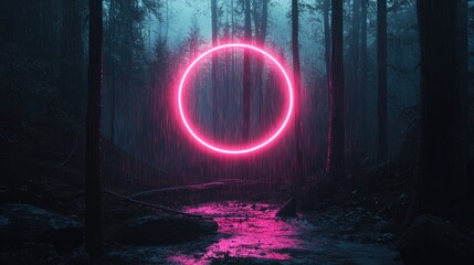 Poster - Neon Pink Circle Illuminating a Rainy Forest Scene