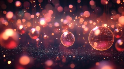 Leinwandbilder - Particles and surface grid illustrated in a 3D cartoon rendering featuring a backdrop effect of shallow depth of field and numerous glowing particles with bokeh computer generated