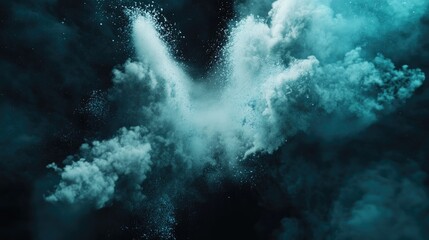 Poster - Freeze motion of blue powder exploding in a 3D cartoon rendering isolated on a dark background Abstract design featuring a white dust cloud with particles bursting ideal for a screensaver or wallp