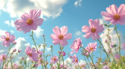 Poster - Beautiful cosmos flower against a blue sky in a 3D cartoon rendering